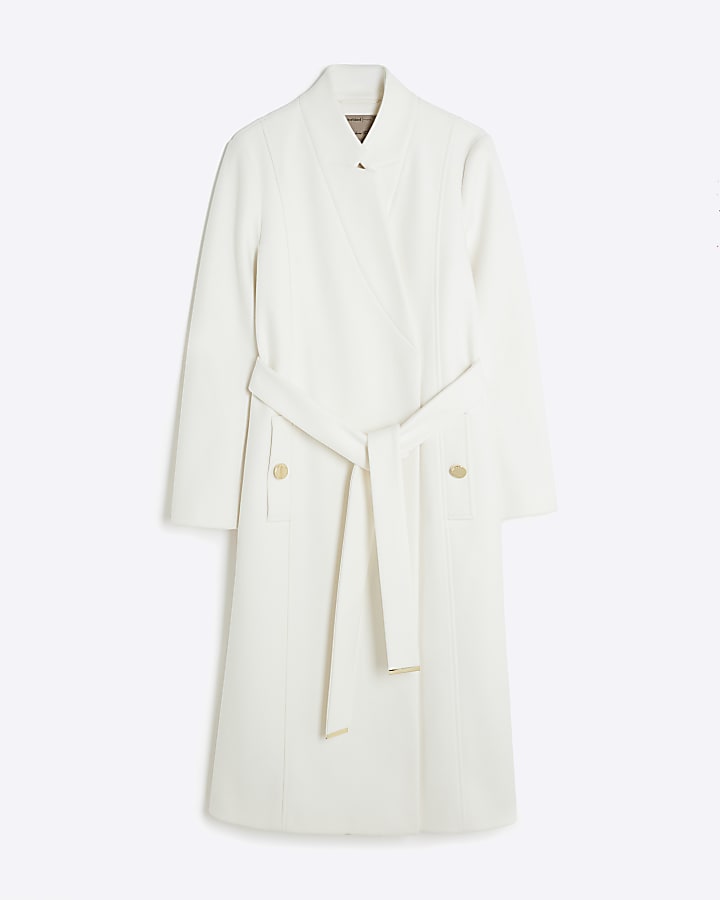 Cream Notch Collar Belted Wrap Coat