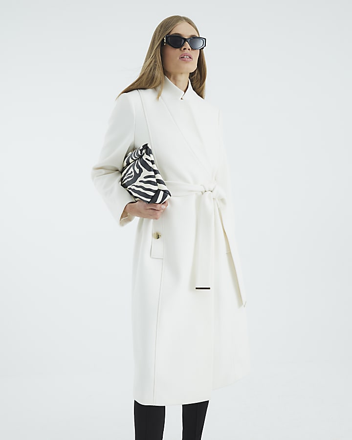 Cream Notch Collar Belted Wrap Coat