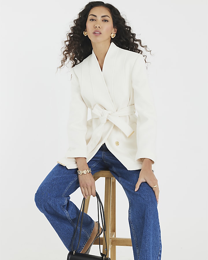 Cream Short Belted Wrap Coat