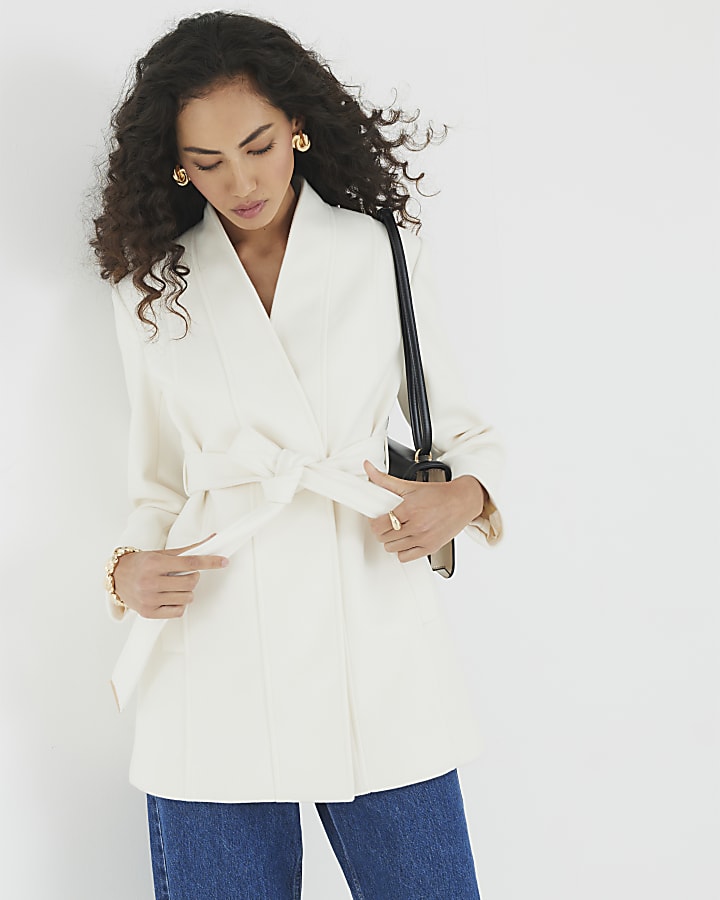 Cream Short Belted Wrap Coat