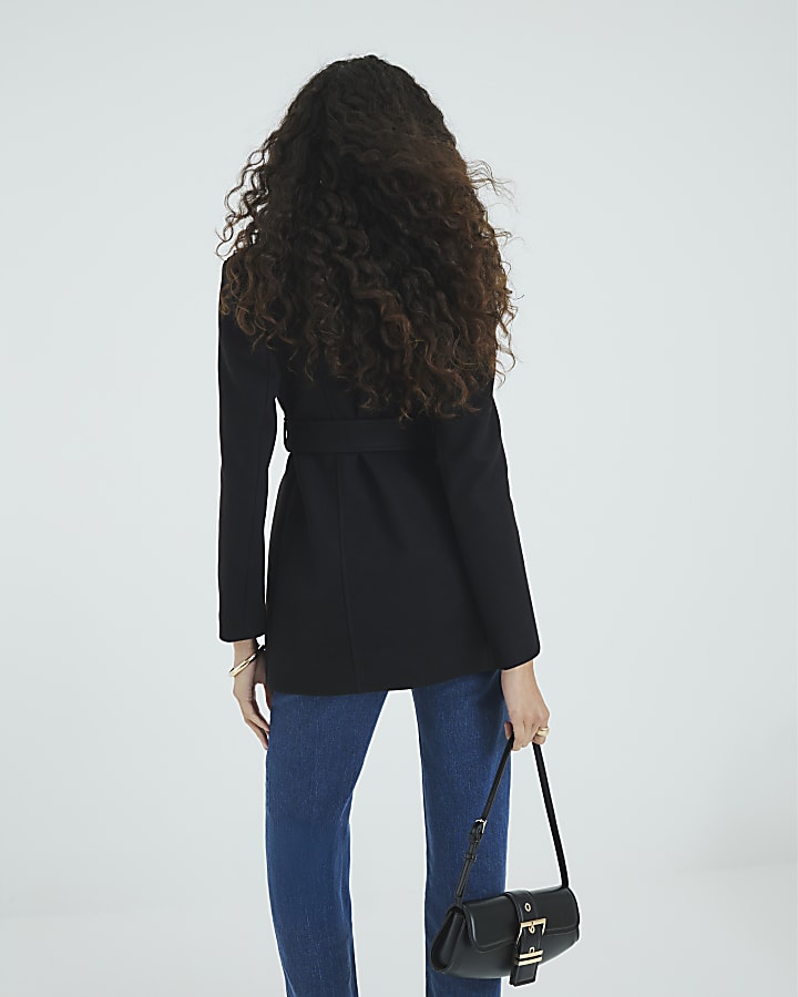 Black Short Belted Wrap Coat