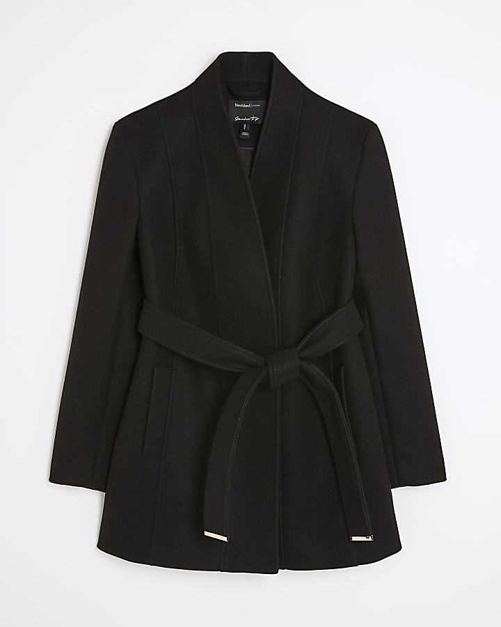Black Short Belted Wrap Coat