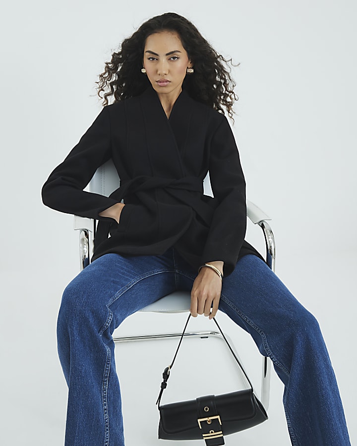 Black Short Belted Wrap Coat
