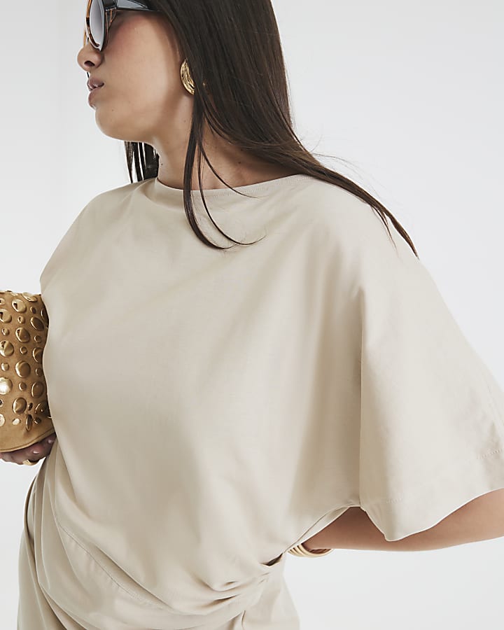 Beige Short Sleeve Drape Side Midi Dress