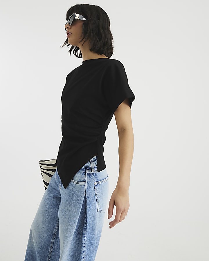 Black Short Sleeve Drape Side T-shirt