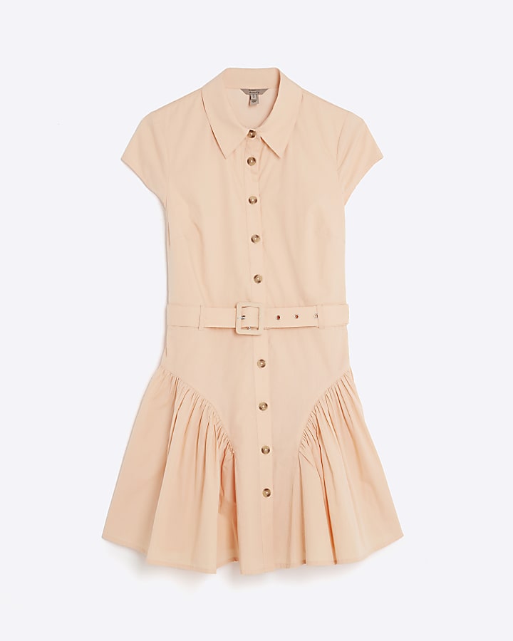 Coral Short Sleeve Collared Belted Mini Dress