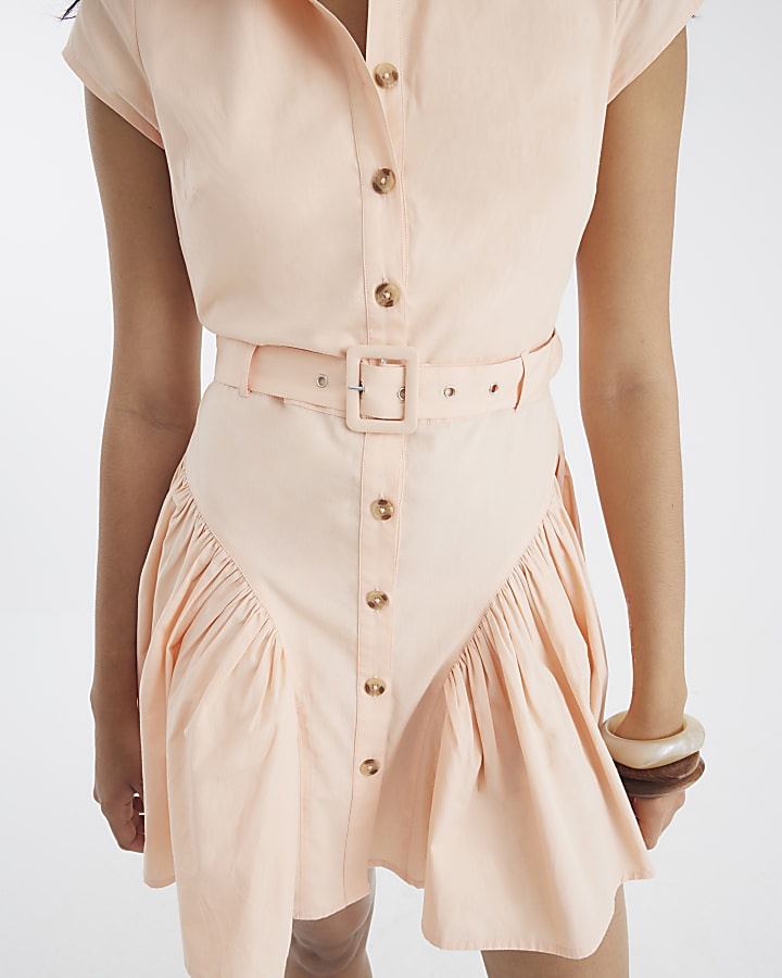 Coral Short Sleeve Collared Belted Mini Dress
