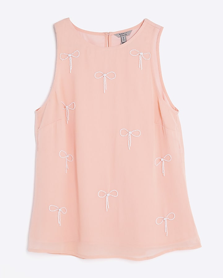 Pink Sleeveless Bow Embellished Top