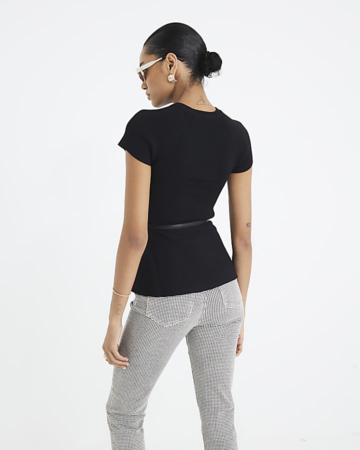 Black Knit Belted Peplum Top