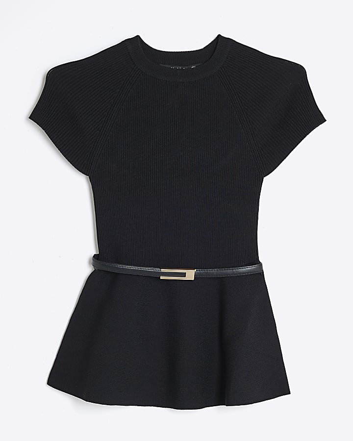 Black Knit Belted Peplum Top
