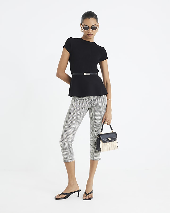 Black Knit Belted Peplum Top