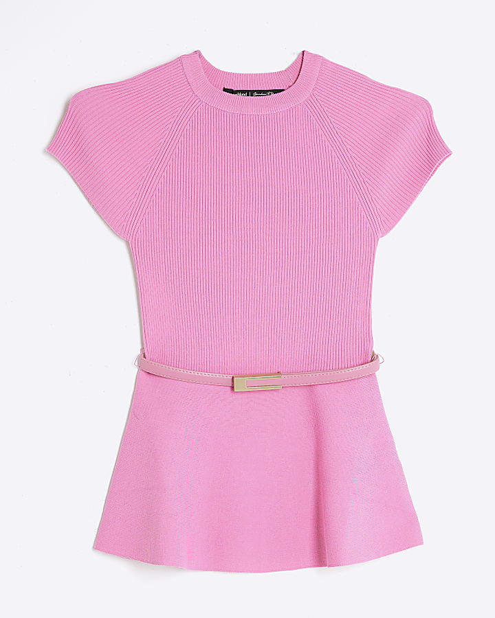 Pink Knit Belted Peplum Top