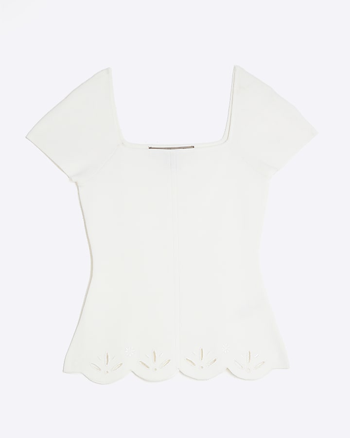 White Scallop Hem Embroidered Top