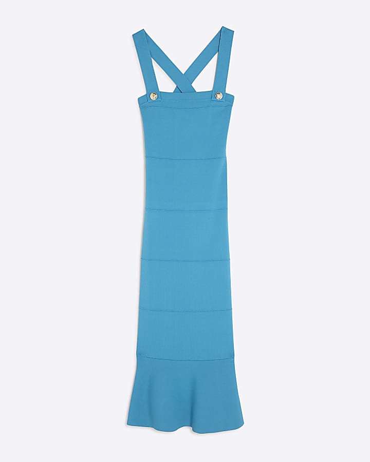 Blue Knit Peplum Hem Midi Dress