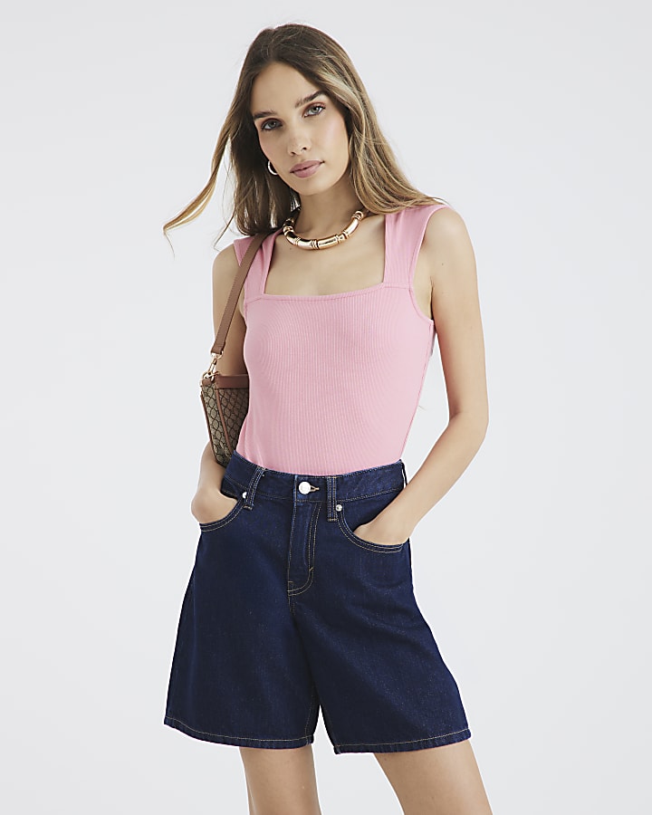 Pink Square Neck Ribbed Bodysuit