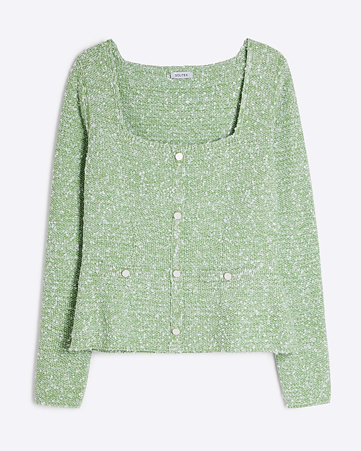 Green Long Sleeve Boucle Button Top