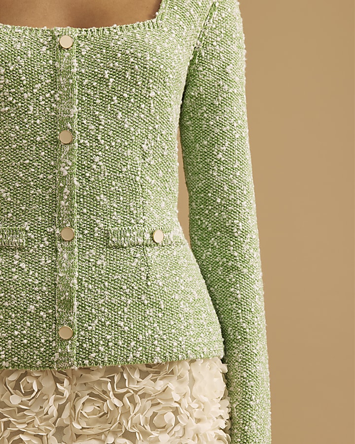 Green Long Sleeve Boucle Button Top