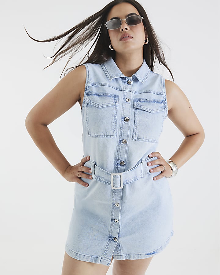 Blue Denim Sleeveless Belted Mini Shirt Dress