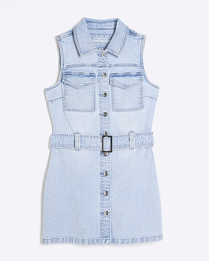 Blue Denim Sleeveless Belted Mini Shirt Dress