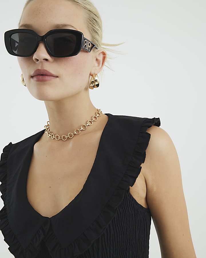 Black Ruffle Collar Shirred Maxi Dress