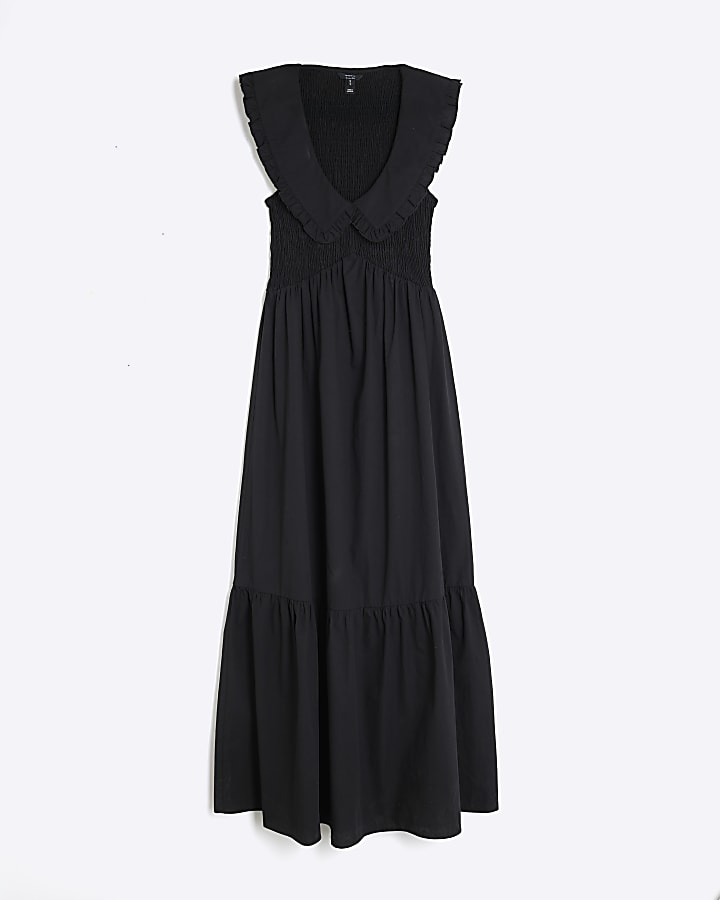 Black Ruffle Collar Shirred Maxi Dress