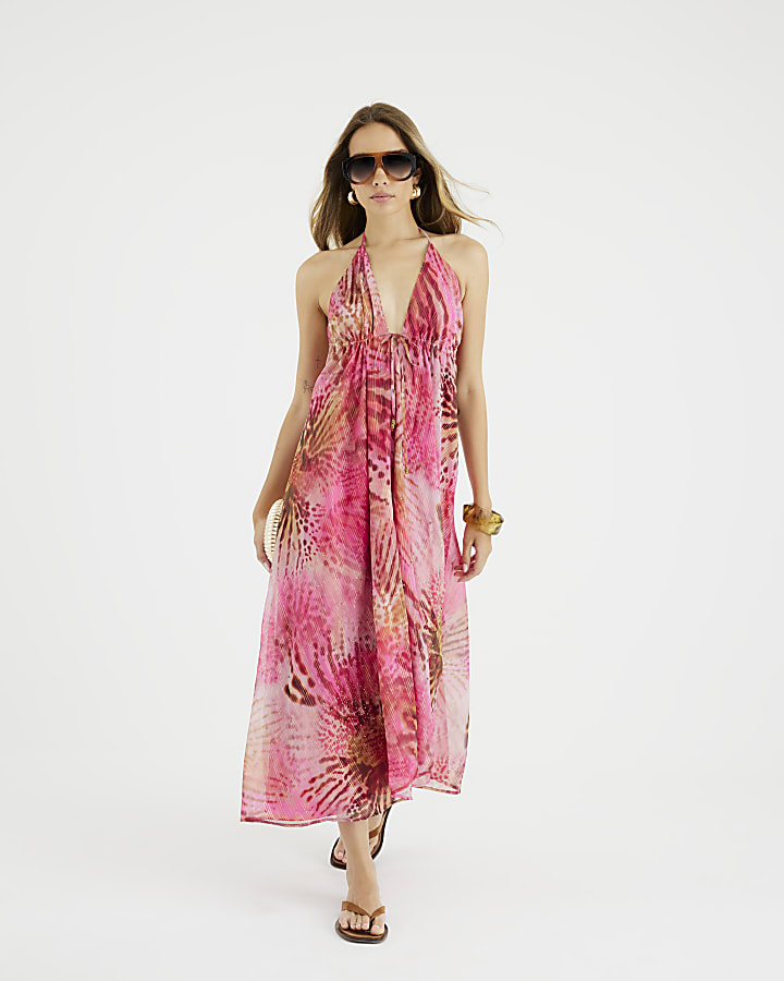 Pink Animal Print Halter Neck Beach Dress