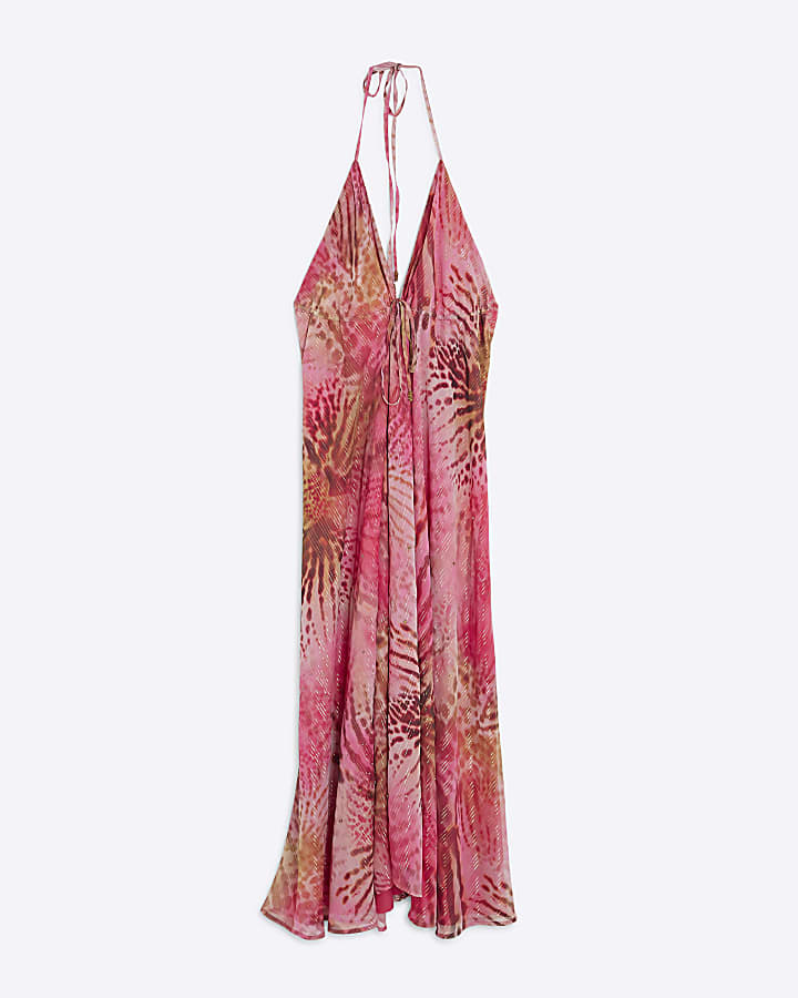 Pink Animal Print Halter Neck Beach Dress