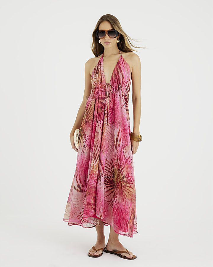 Pink Animal Print Halter Neck Beach Dress