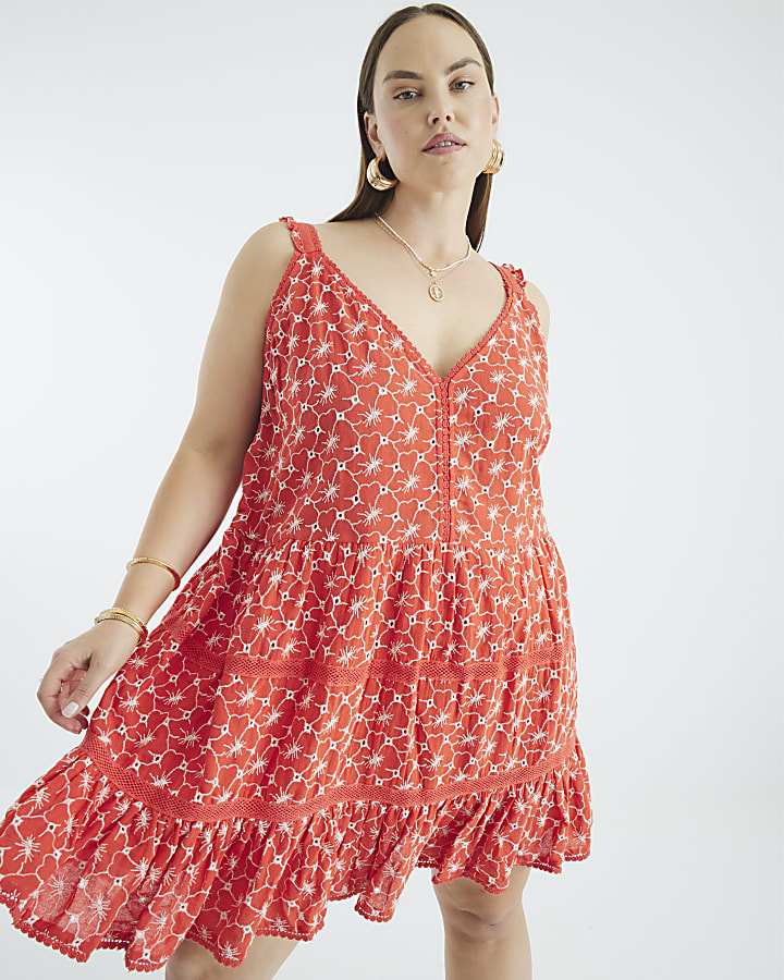 Red Floral Broderie Tiered Mini Beach Dress