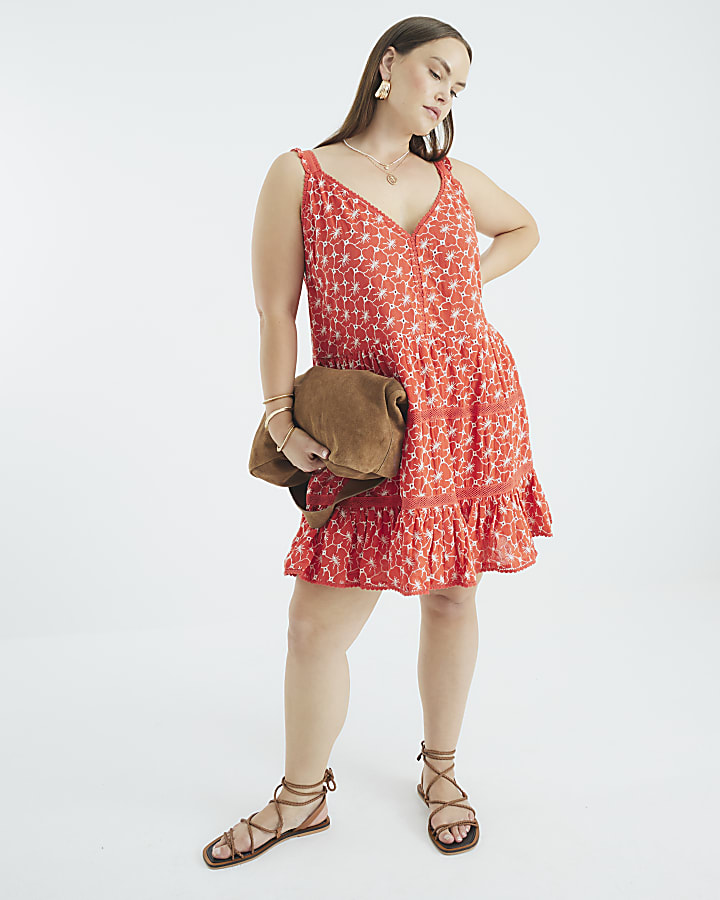 Red Floral Broderie Tiered Mini Beach Dress