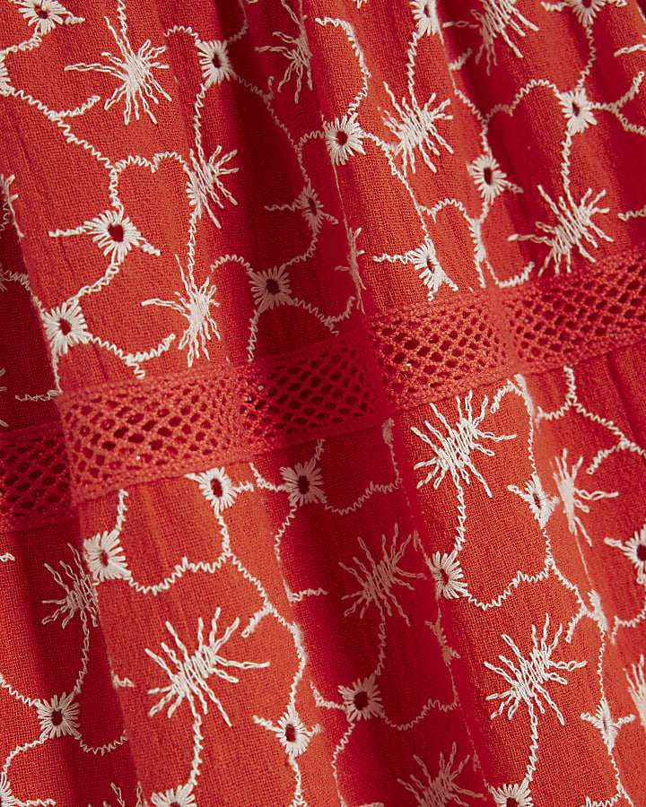 Red Floral Broderie Tiered Mini Dress