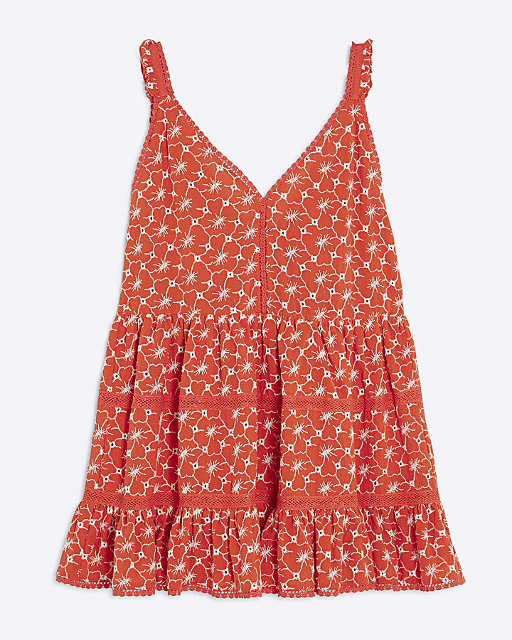 Red Floral Broderie Tiered Mini Dress