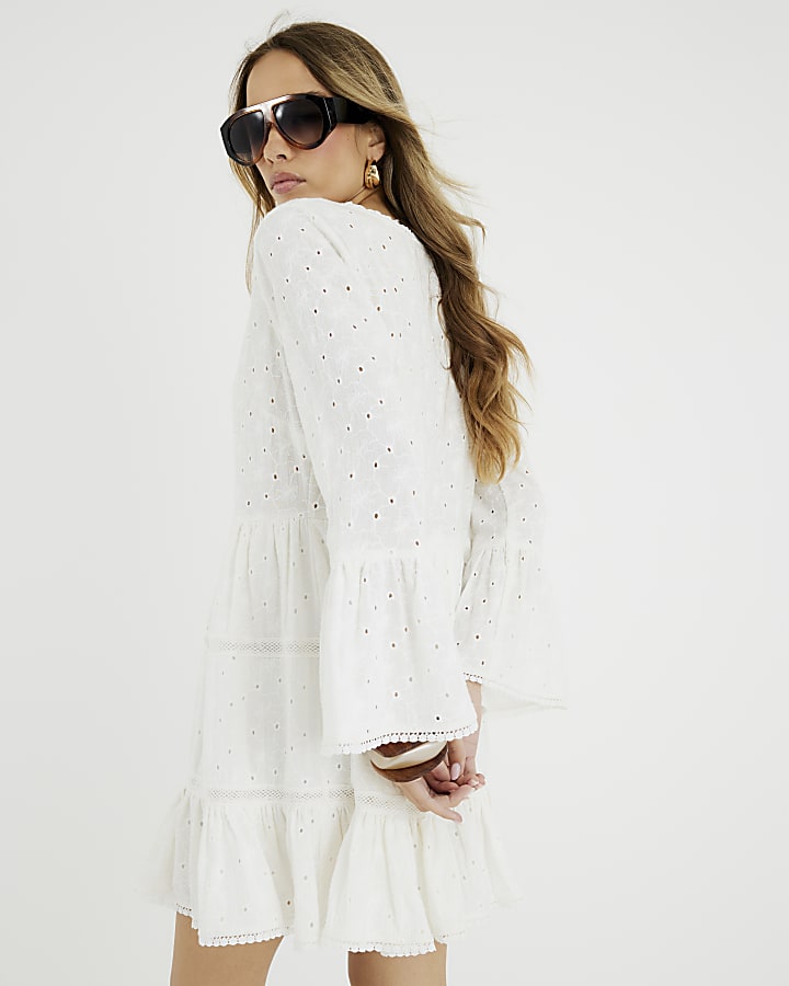 Cream Broderie Long Sleeve Mini Dress