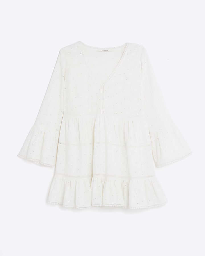 Cream Broderie Long Sleeve Mini Dress
