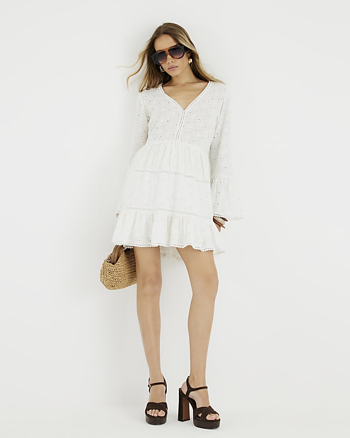 Cream Broderie Long Sleeve Mini Dress