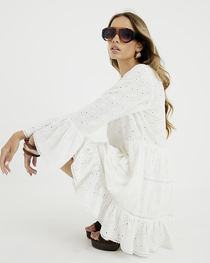 Cream Broderie Long Sleeve Mini Dress