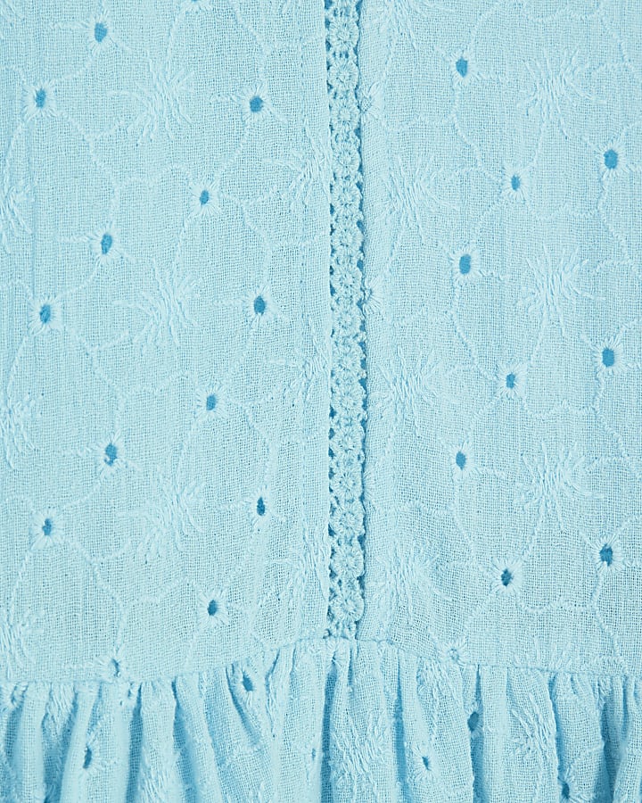 Blue Broderie Long Sleeve Mini Dress
