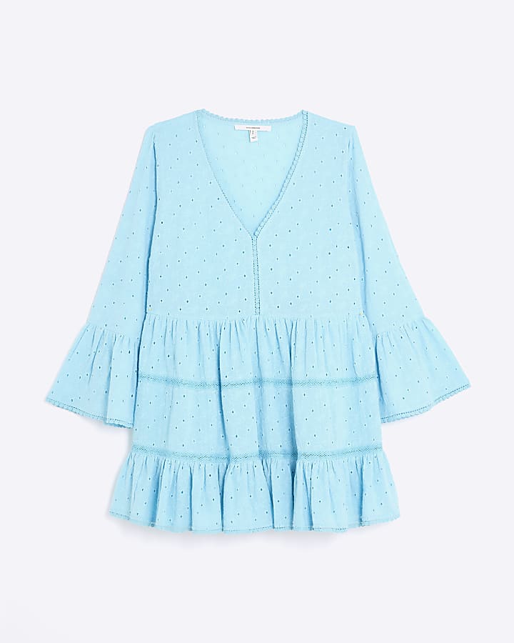 Blue Broderie Long Sleeve Mini Dress