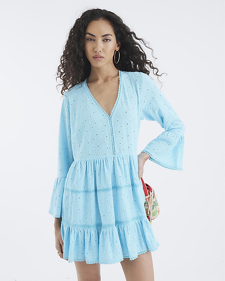 Blue Broderie Long Sleeve Mini Dress