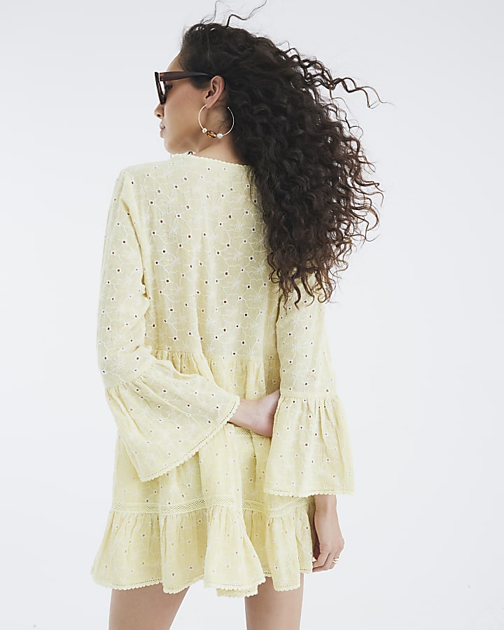 Yellow Broderie Long Sleeve Mini Dress