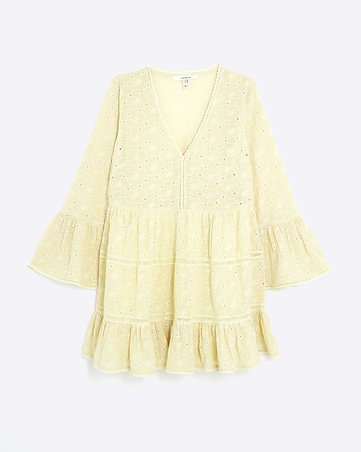 Yellow Broderie Long Sleeve Mini Dress