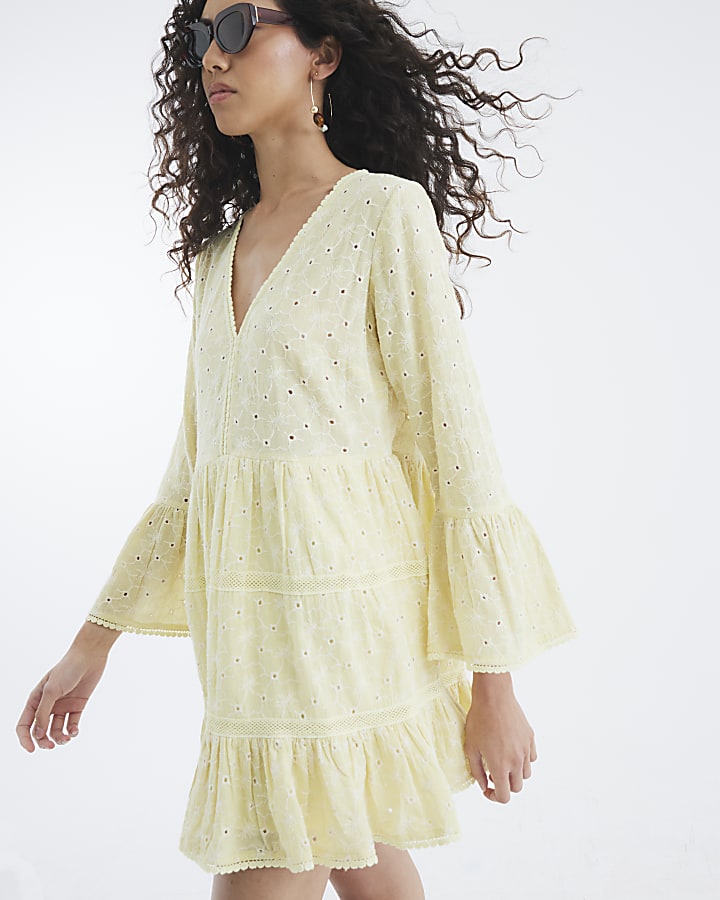 Yellow Broderie Long Sleeve Mini Dress
