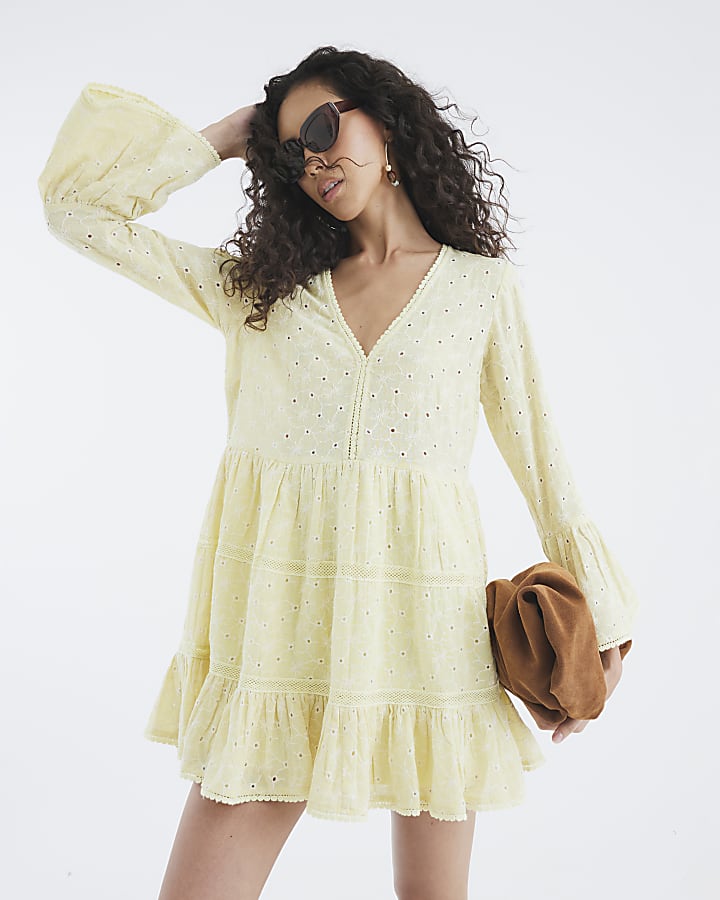 Yellow Broderie Long Sleeve Mini Dress