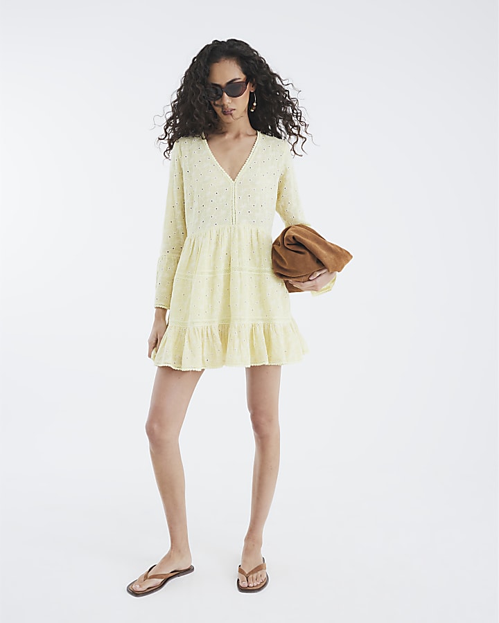Yellow Broderie Long Sleeve Mini Dress