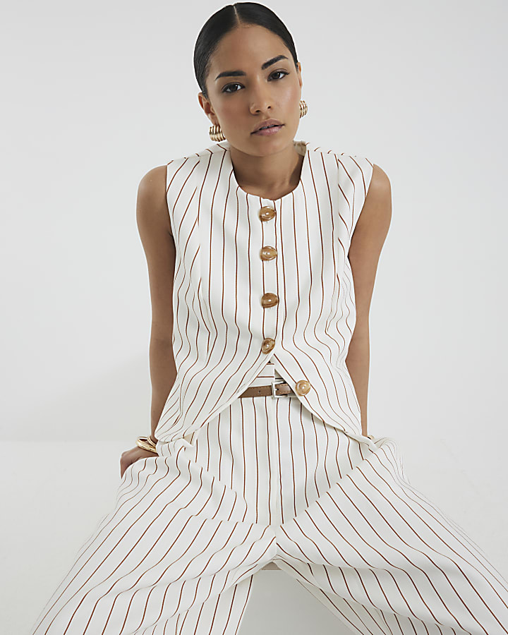Petite White Striped Linen Fitted Waistcoat
