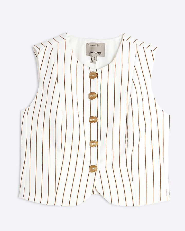 Petite White Striped Linen Fitted Waistcoat