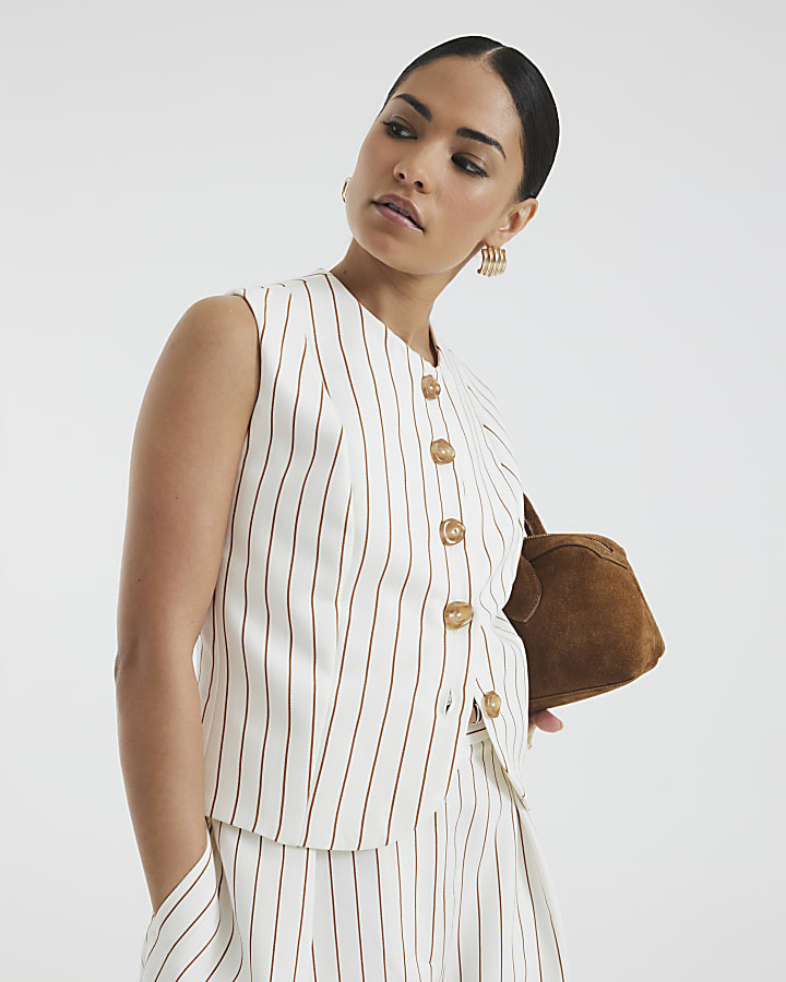 Petite White Striped Linen Fitted Waistcoat