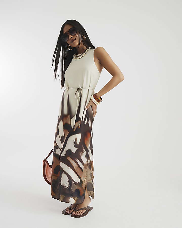 Petite Cream Abstract Print Maxi Slip Dress