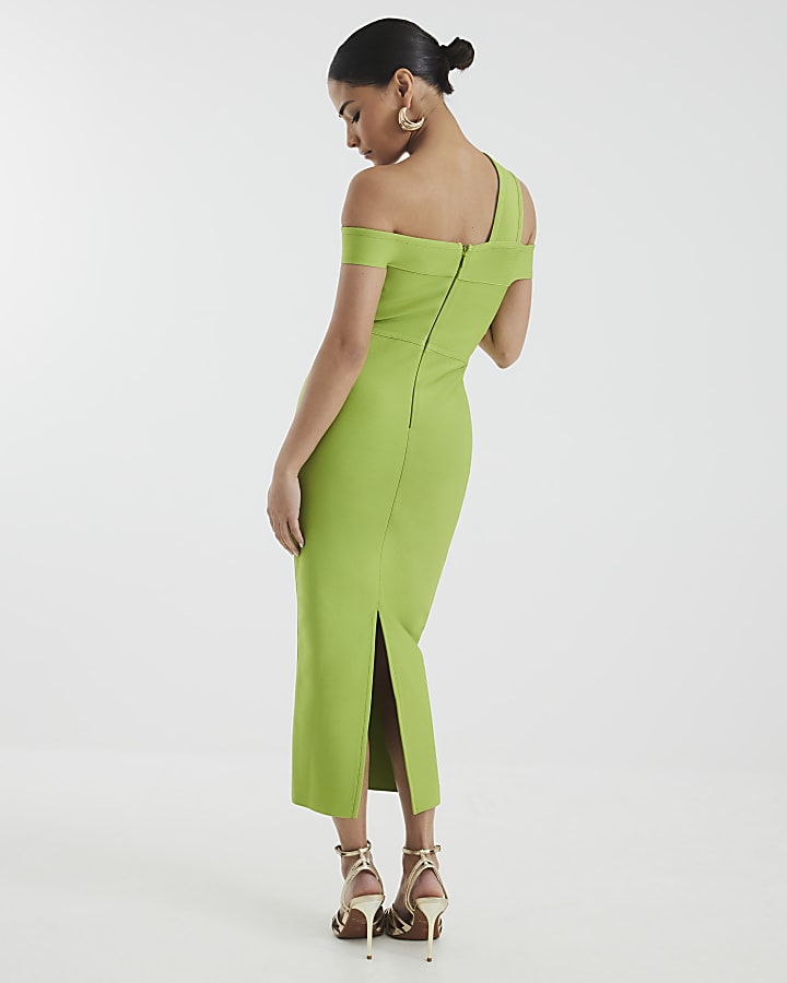 Petite Green Bardot Asymmetric Midi Dress