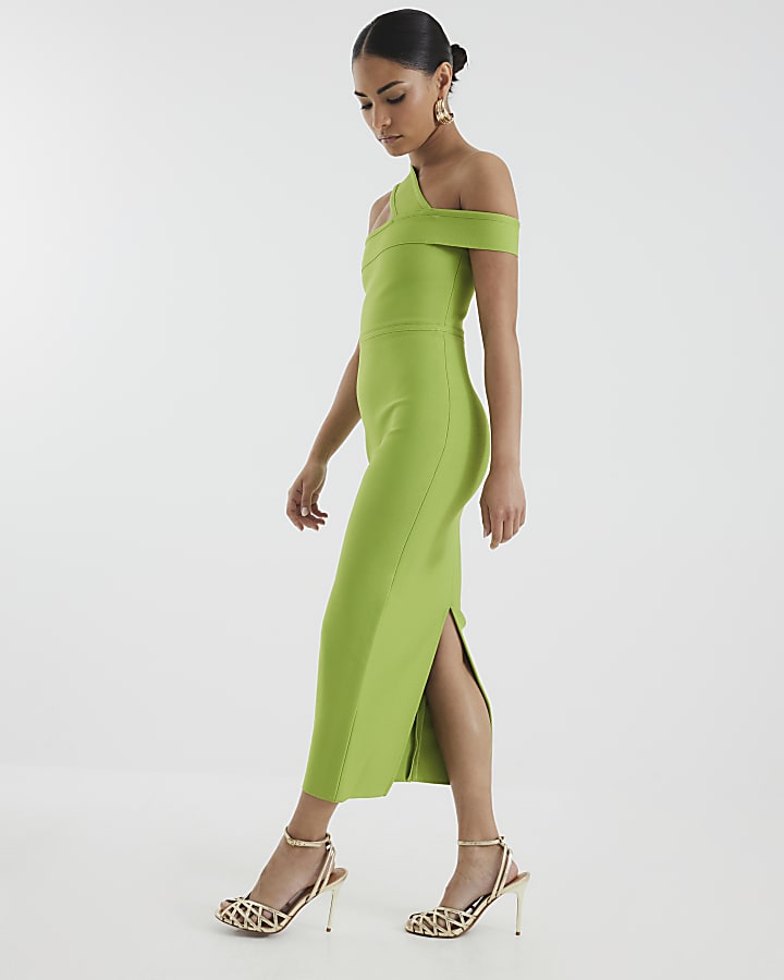 Petite Green Bardot Asymmetric Midi Dress